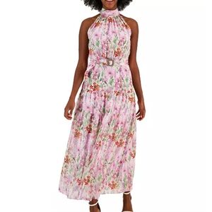 Taylor Printed Chiffon Sleeveless Buckle-Waist Tiered Maxi Dress Pink Size 14